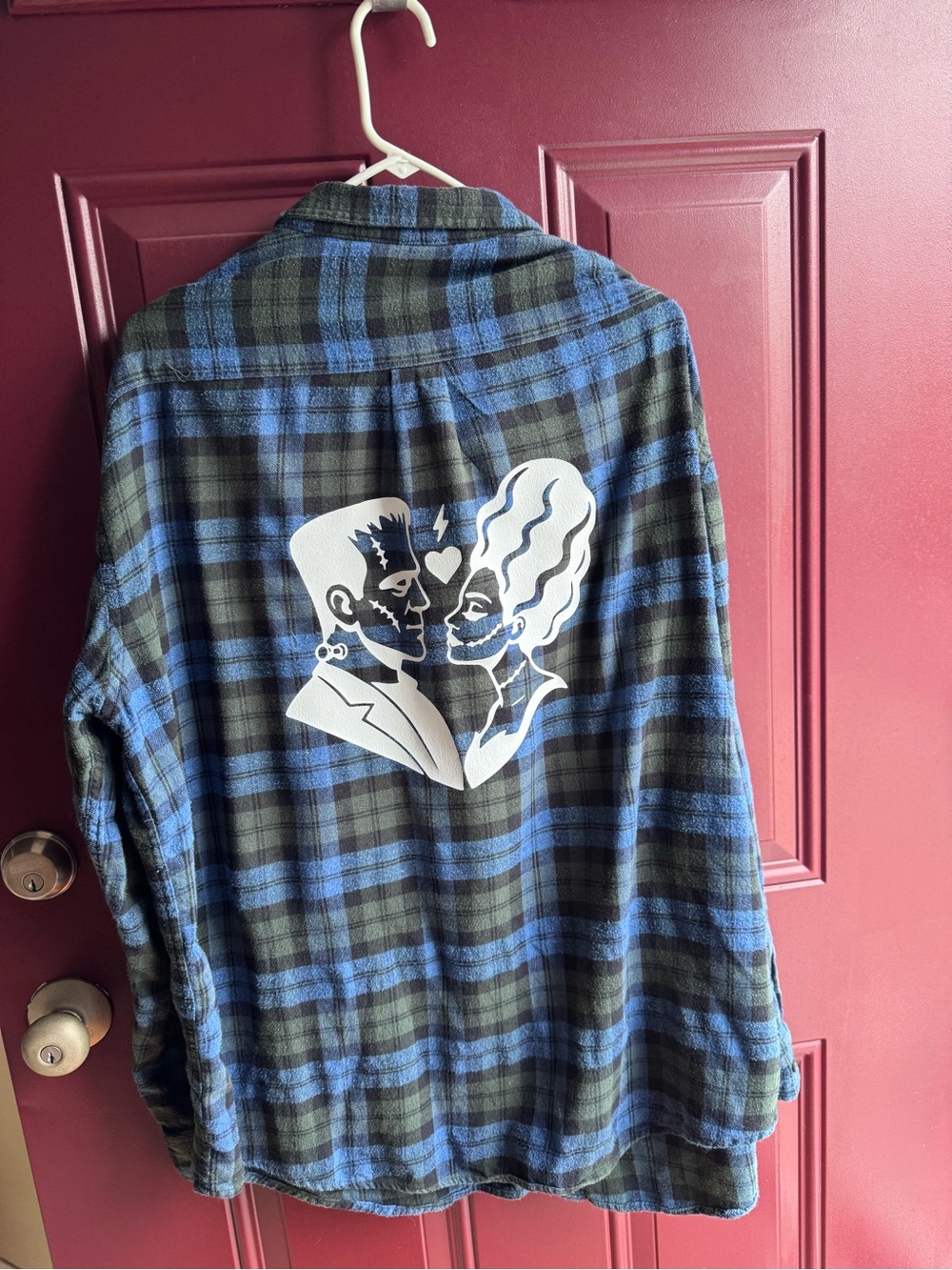 Blue & Black Plaid Flannel Jacket with Frankenstein and Bride of Frankenstein